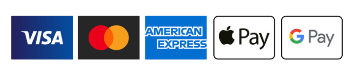 Accepted payment methods: Visa, Mastercard, American Express, Apple Pay, Google Pay